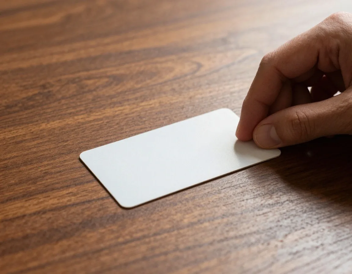 Mano girando una tarjeta de análisis manila sobre escritorio de nogal